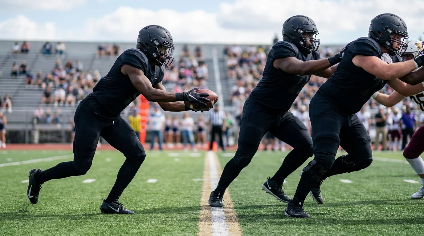 Wide receiver catching a short screen pass behind the line of scrimmage with blockers in front