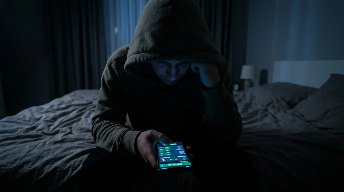 Young adult holding a smartphone with a sports betting app open late at night